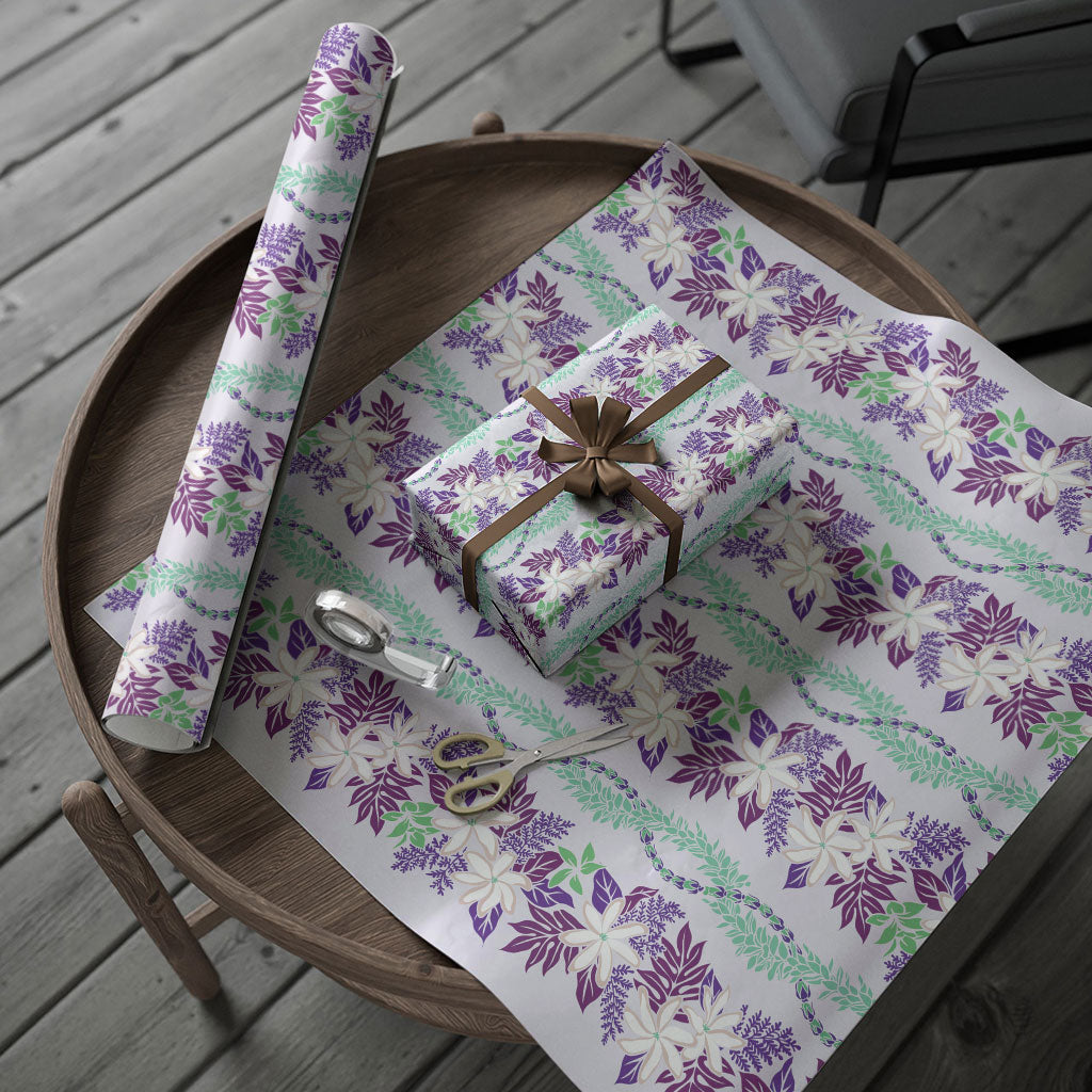 Monstera Tiare Plumeria Lei Pattern Wrapping Paper Purple Version
