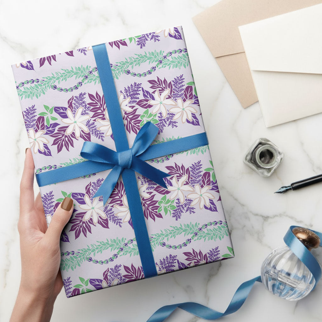 Monstera Tiare Plumeria Lei Pattern Wrapping Paper Purple Version