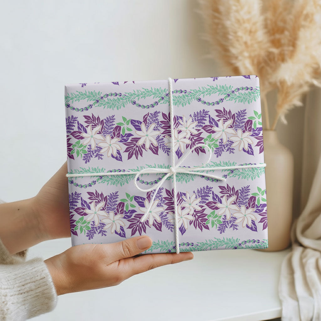 Monstera Tiare Plumeria Lei Pattern Wrapping Paper Purple Version