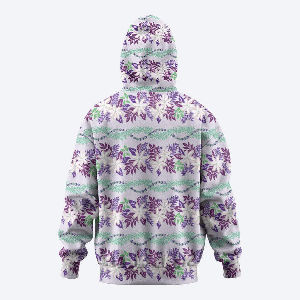 Monstera Tiare Plumeria Lei Pattern Zip Hoodie Purple Version