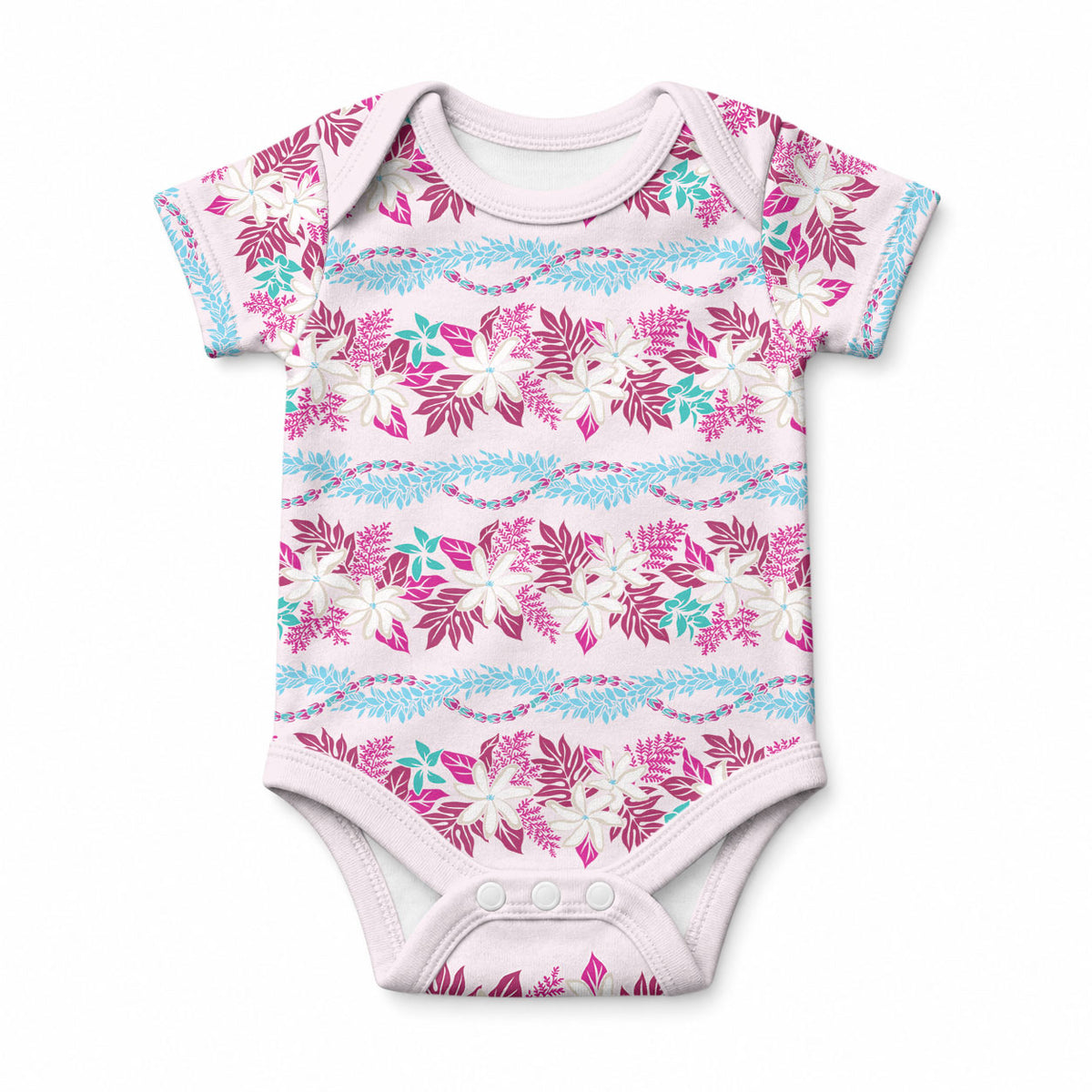 Monstera Tiare Plumeria Lei Pattern Baby Onesie Pink Version