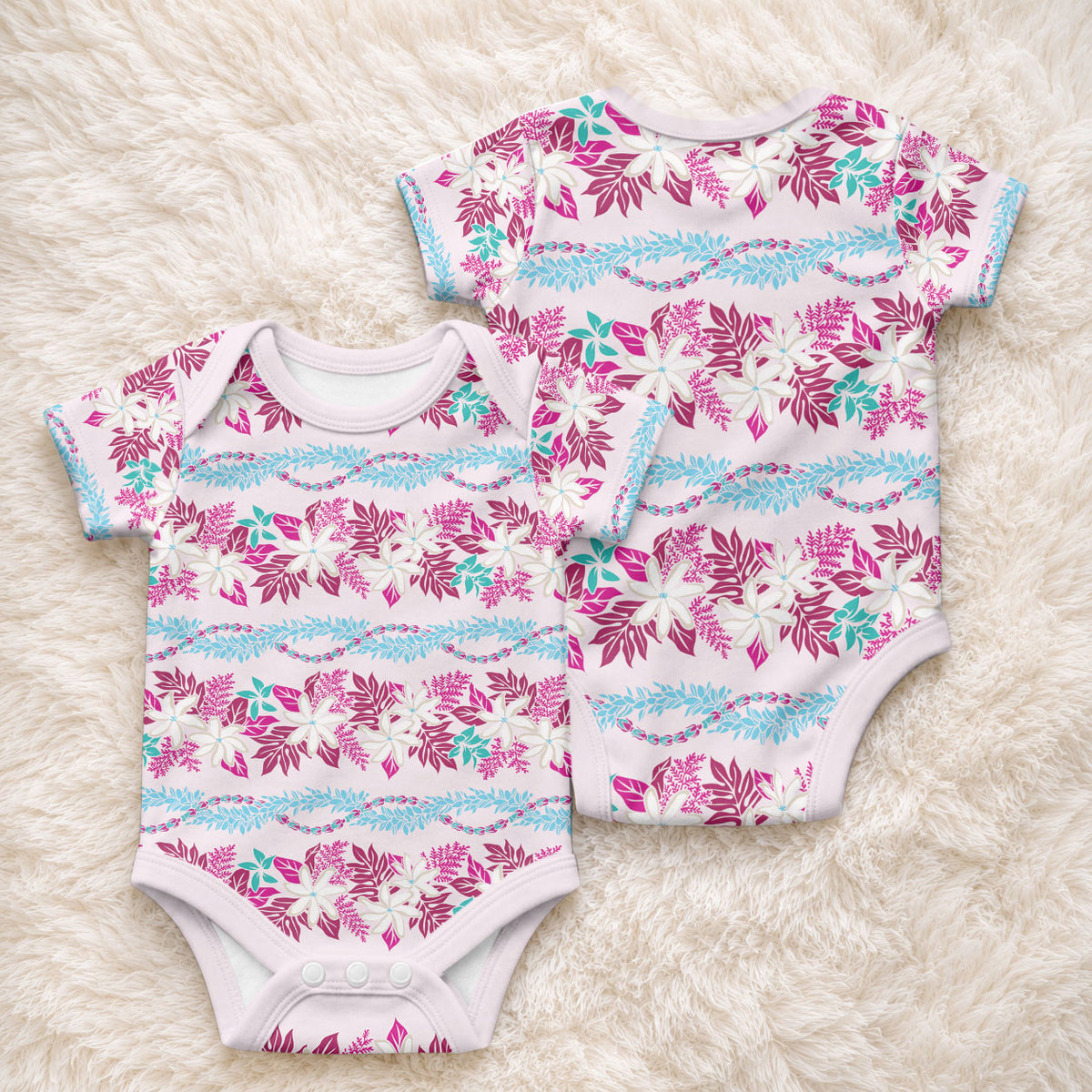 Monstera Tiare Plumeria Lei Pattern Baby Onesie Pink Version