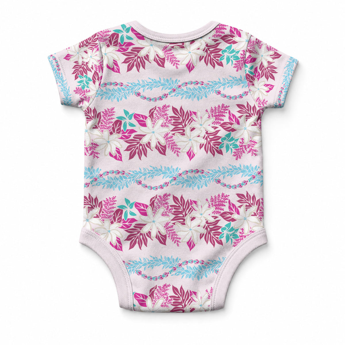 Monstera Tiare Plumeria Lei Pattern Baby Onesie Pink Version