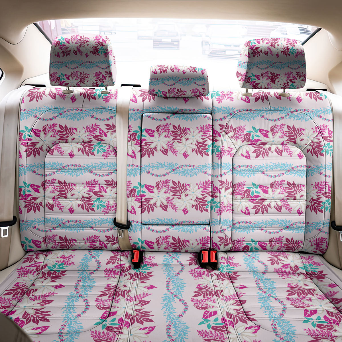 Monstera Tiare Plumeria Lei Pattern Back Car Seat Cover Pink Version