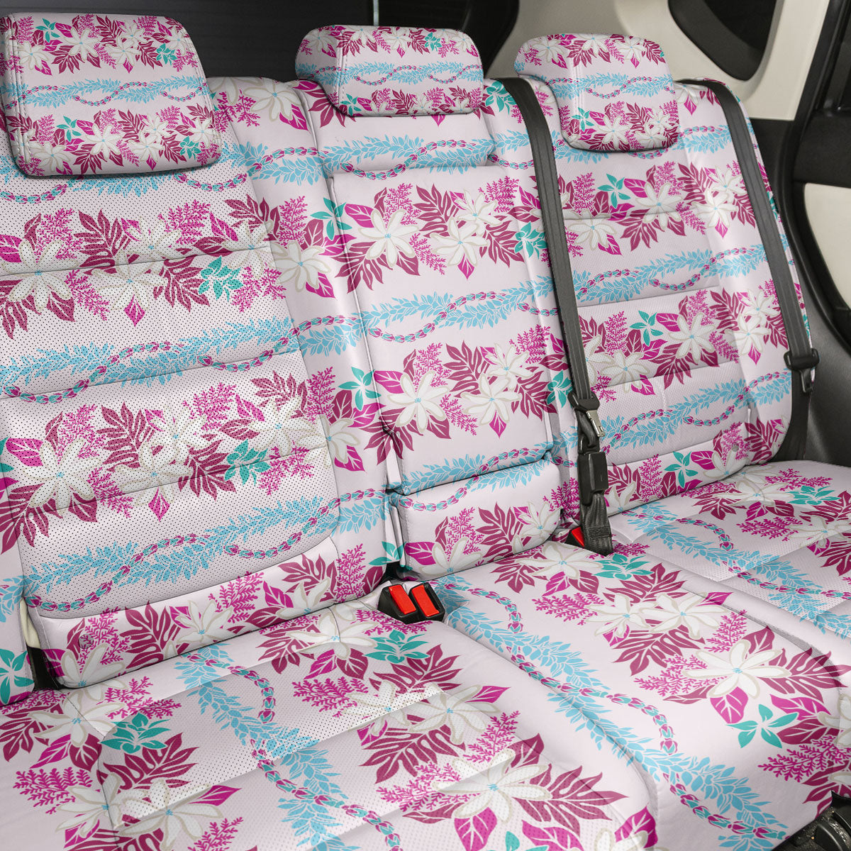 Monstera Tiare Plumeria Lei Pattern Back Car Seat Cover Pink Version