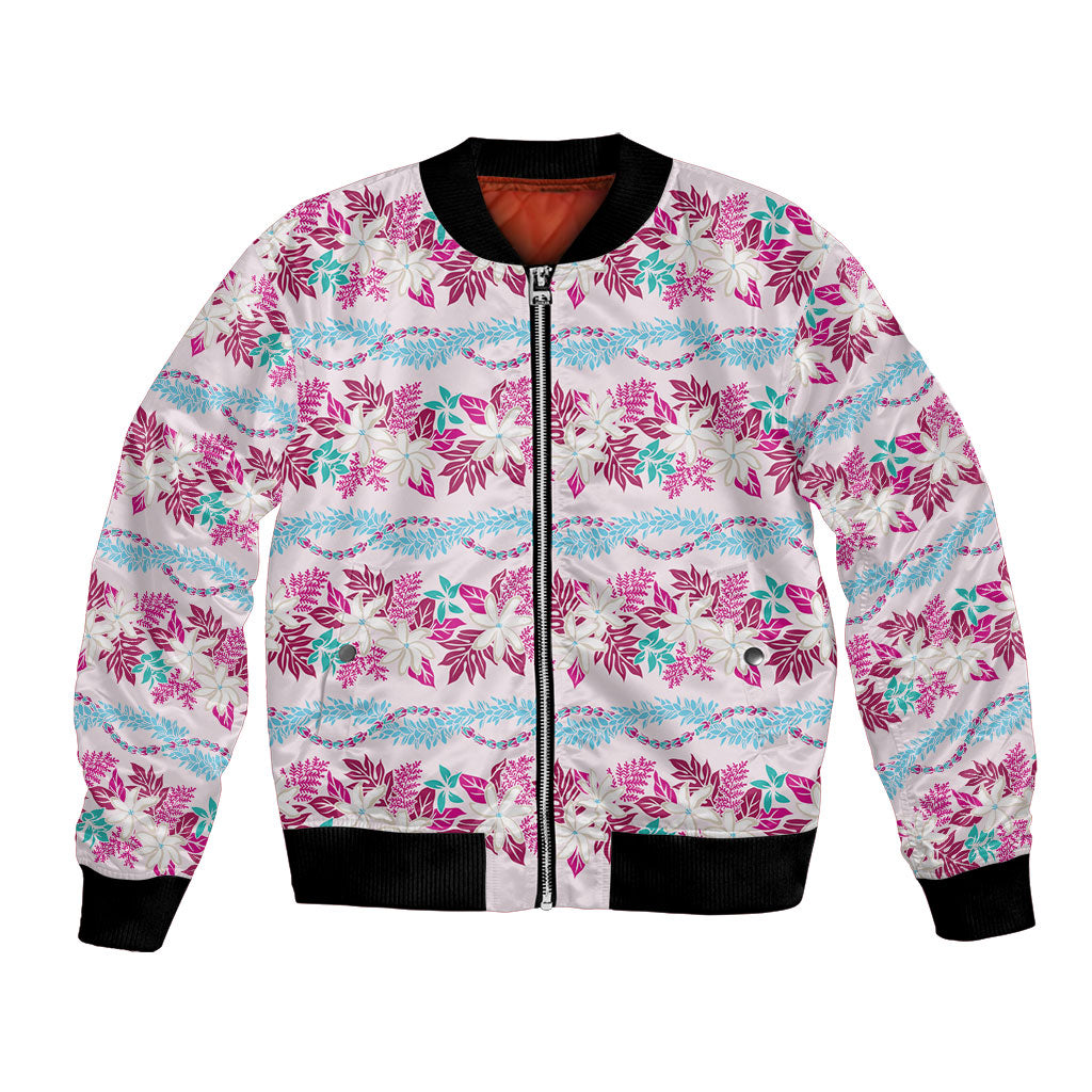 Monstera Tiare Plumeria Lei Pattern Bomber Jacket Pink Version LT01 Unisex Pink - Polynesian Pride