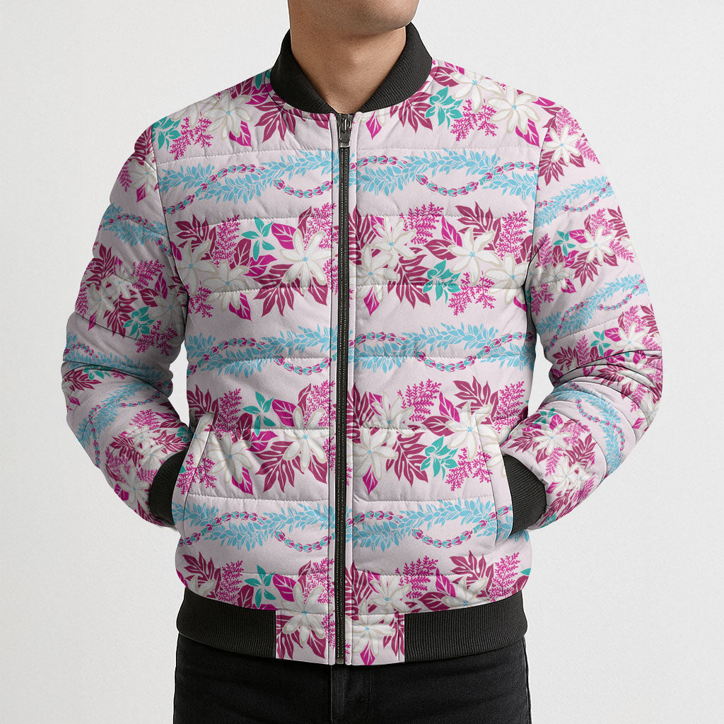Monstera Tiare Plumeria Lei Pattern Bomber Puffer Jacket Pink Version LT01 - Polynesian Pride