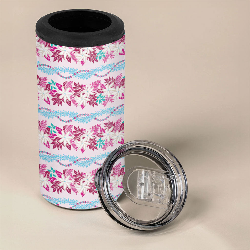 Monstera Tiare Plumeria Lei Pattern 4 in 1 Can Cooler Tumbler Pink Version