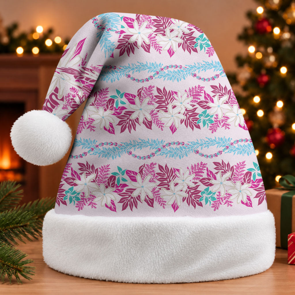 Monstera Tiare Plumeria Lei Pattern Christmas Santa Hat Pink Version