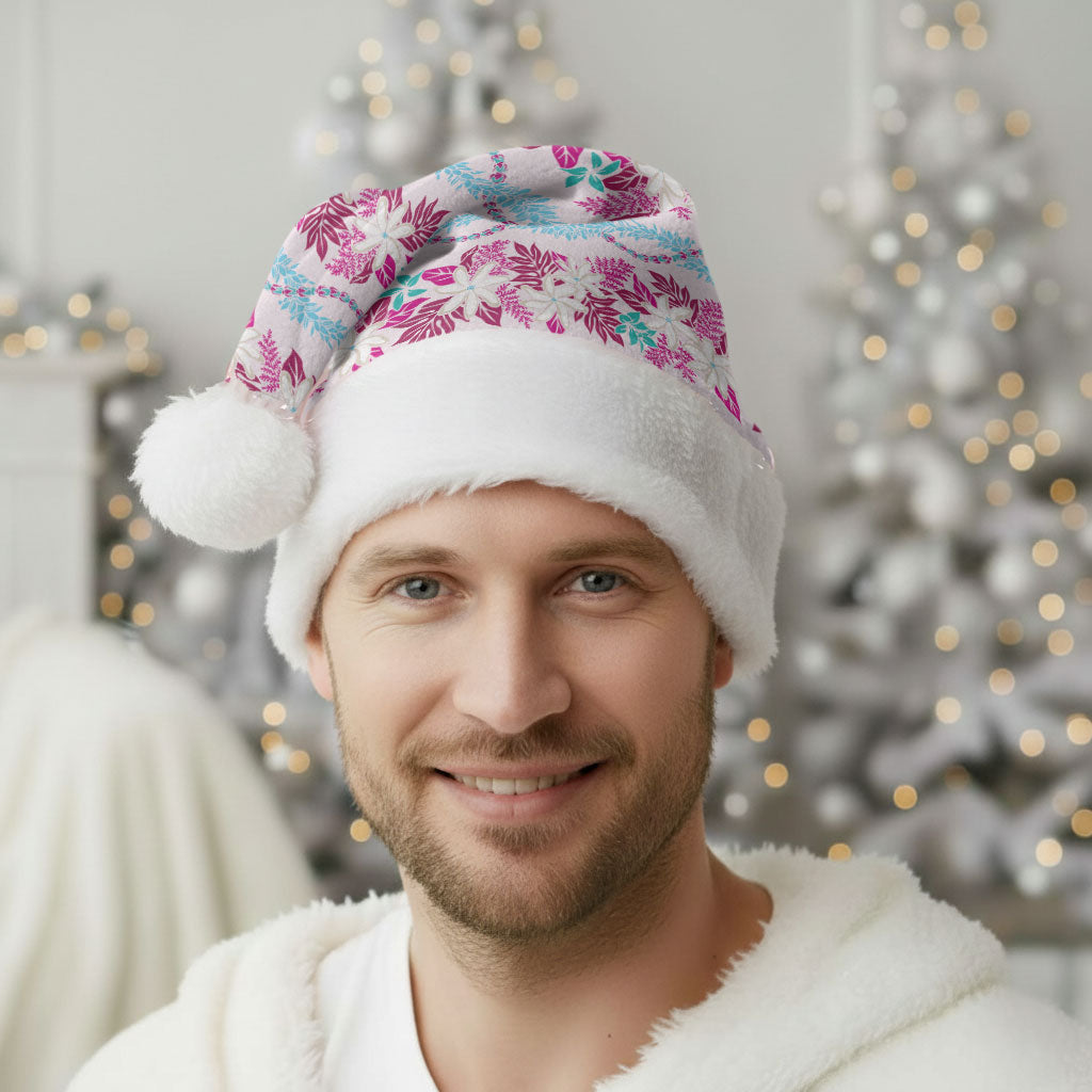 Monstera Tiare Plumeria Lei Pattern Christmas Santa Hat Pink Version