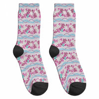 Monstera Tiare Plumeria Lei Pattern Crew Socks Pink Version LT01 - Polynesian Pride