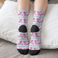 Monstera Tiare Plumeria Lei Pattern Crew Socks Pink Version LT01 - Polynesian Pride