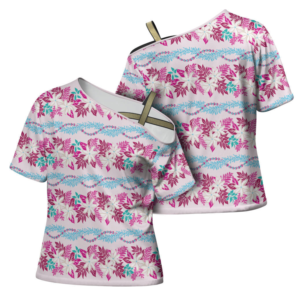 Monstera Tiare Plumeria Lei Pattern Cross Shoulder Shirt Pink Version