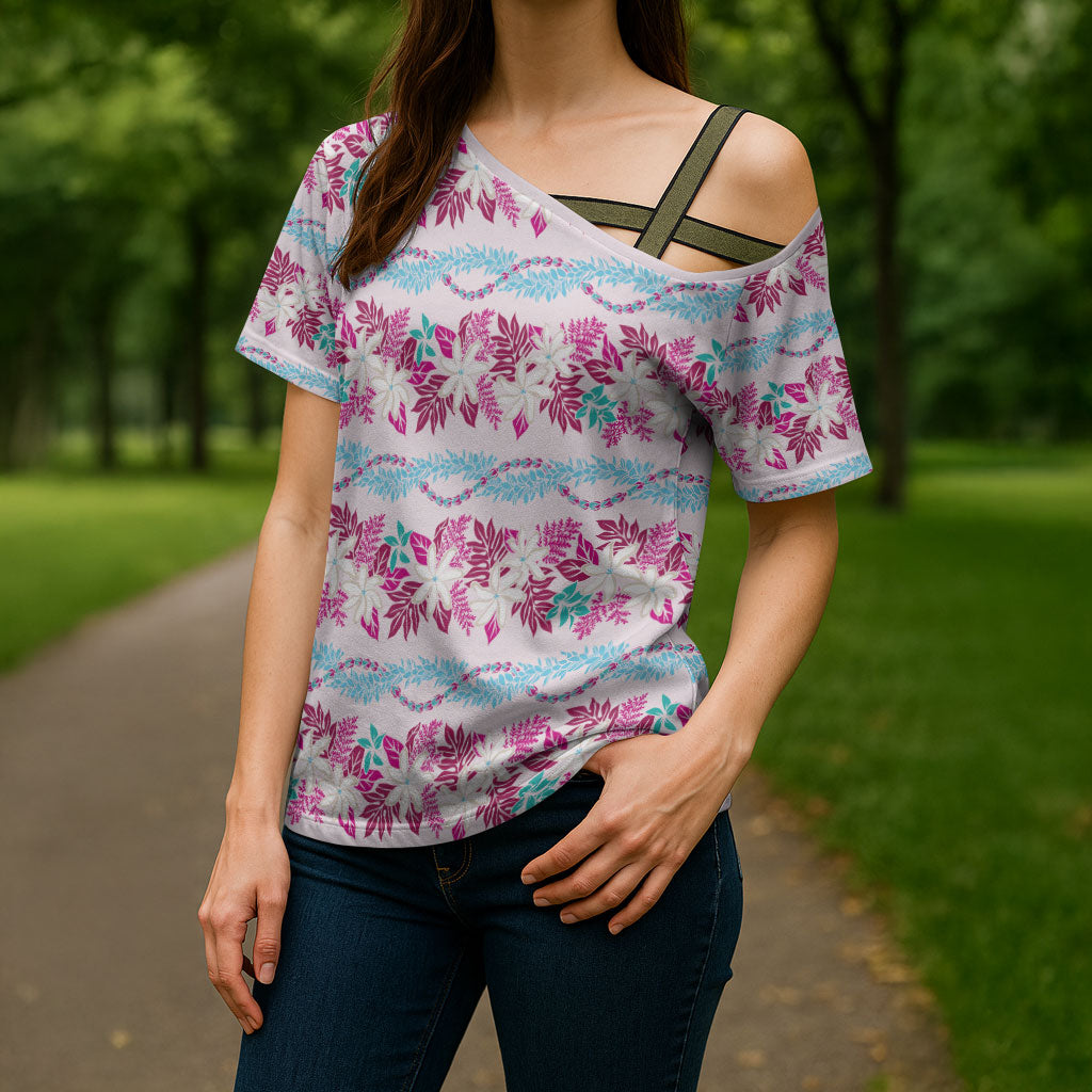 Monstera Tiare Plumeria Lei Pattern Cross Shoulder Shirt Pink Version