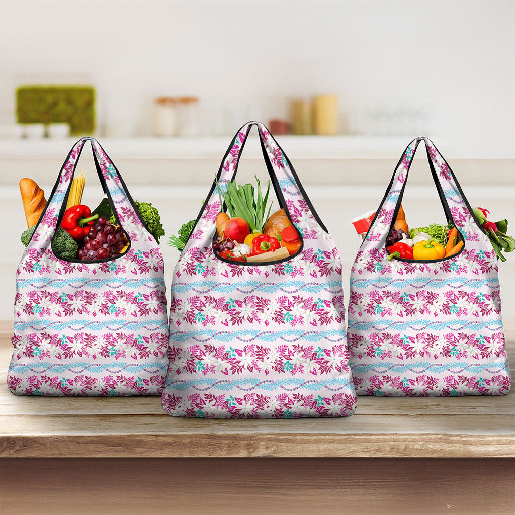 Monstera Tiare Plumeria Lei Pattern Grocery Bag Pink Version LT01 3-pack One Size Pink - Polynesian Pride