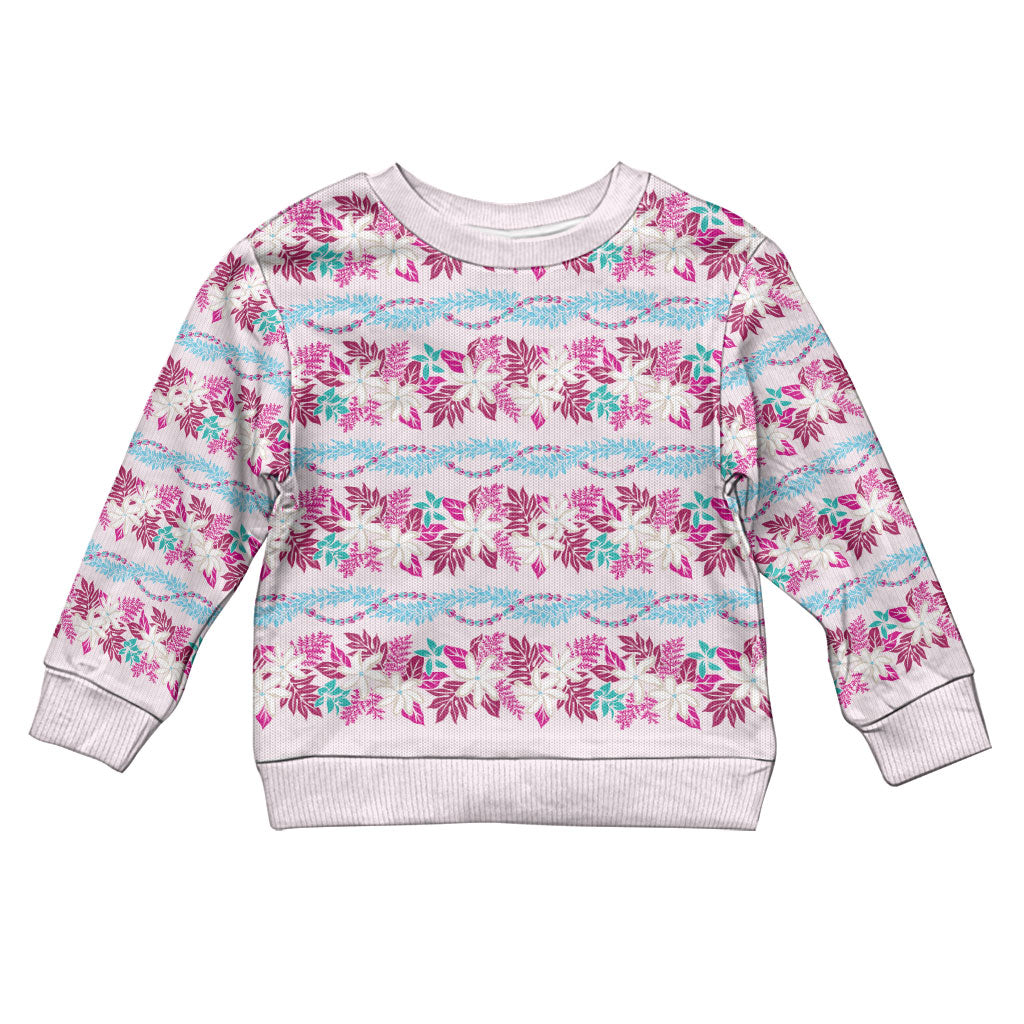 Monstera Tiare Plumeria Lei Pattern Kid Ugly Christmas Sweater Pink Version