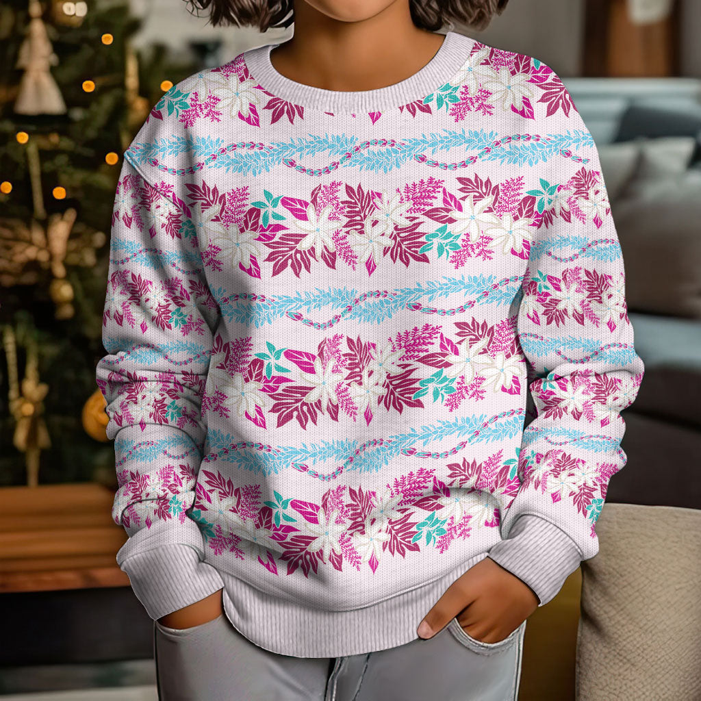 Monstera Tiare Plumeria Lei Pattern Kid Ugly Christmas Sweater Pink Version