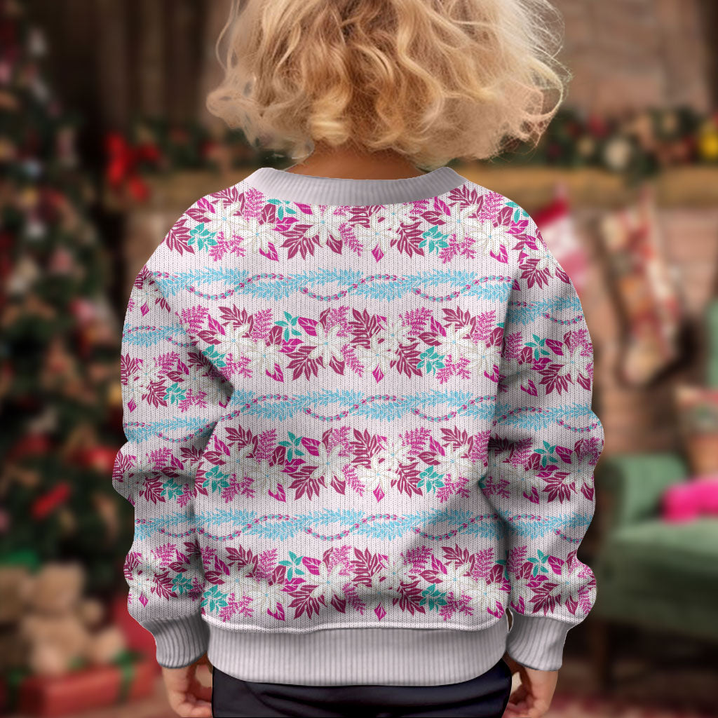 Monstera Tiare Plumeria Lei Pattern Kid Ugly Christmas Sweater Pink Version