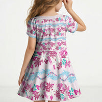 Monstera Tiare Plumeria Lei Pattern Kid Short Sleeve Dress Pink Version LT01 - Polynesian Pride
