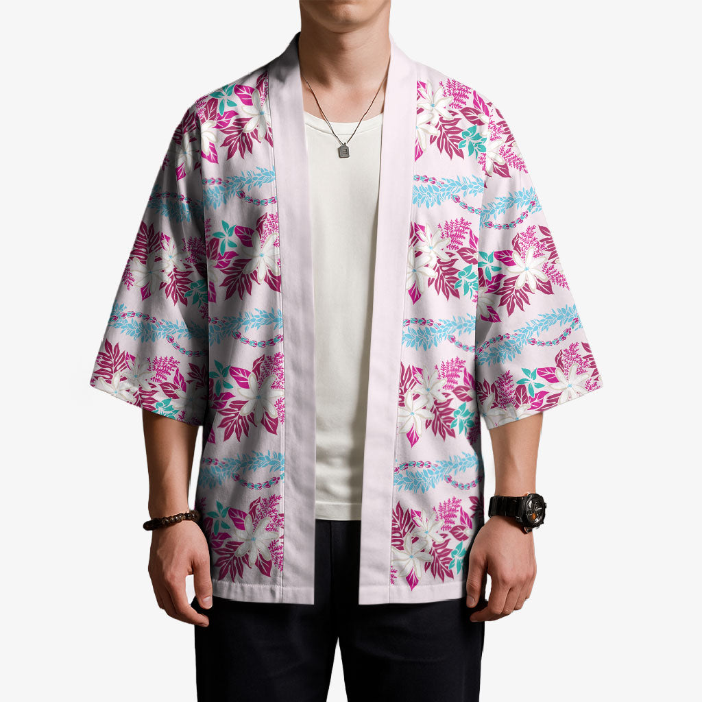 Monstera Tiare Plumeria Lei Pattern Kimono Pink Version