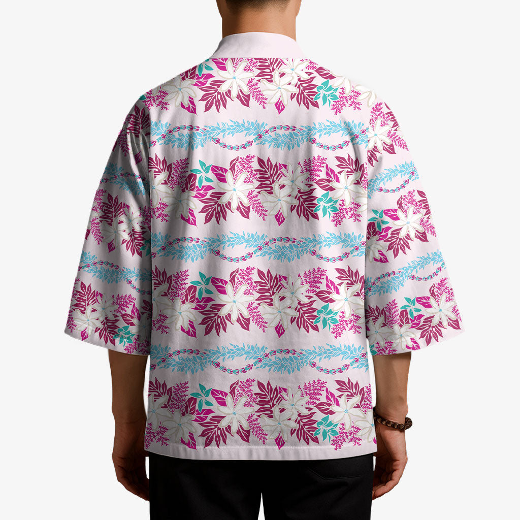Monstera Tiare Plumeria Lei Pattern Kimono Pink Version