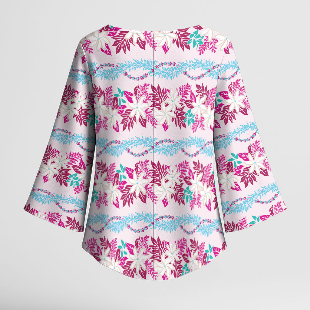 Monstera Tiare Plumeria Lei Pattern Kimono Sleeve Blouse Pink Version