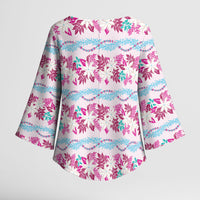 Monstera Tiare Plumeria Lei Pattern Kimono Sleeve Blouse Pink Version