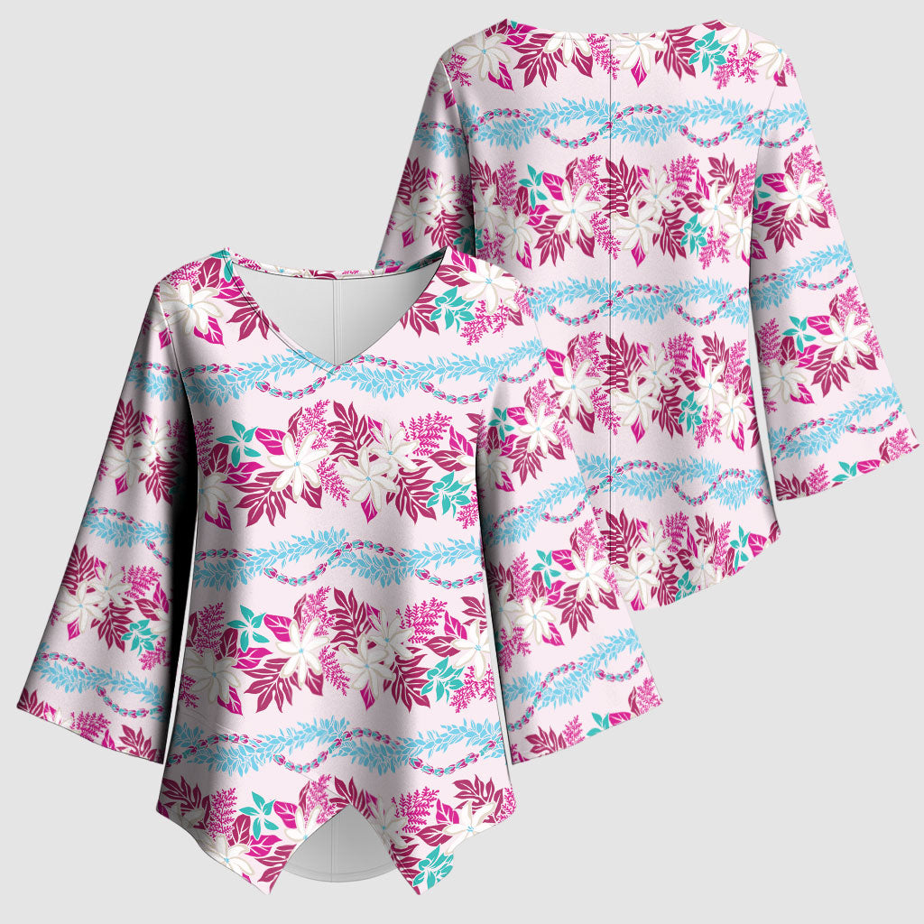 Monstera Tiare Plumeria Lei Pattern Kimono Sleeve Blouse Pink Version
