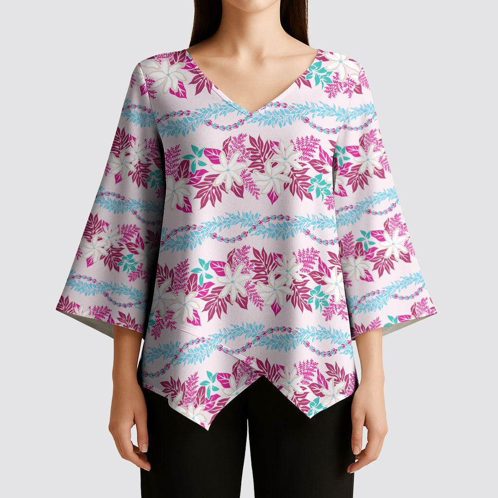 Monstera Tiare Plumeria Lei Pattern Kimono Sleeve Blouse Pink Version