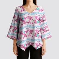 Monstera Tiare Plumeria Lei Pattern Kimono Sleeve Blouse Pink Version