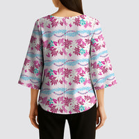 Monstera Tiare Plumeria Lei Pattern Kimono Sleeve Blouse Pink Version