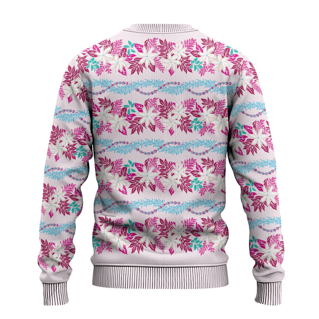 Monstera Tiare Plumeria Lei Pattern Ugly Christmas Sweater Pink Version