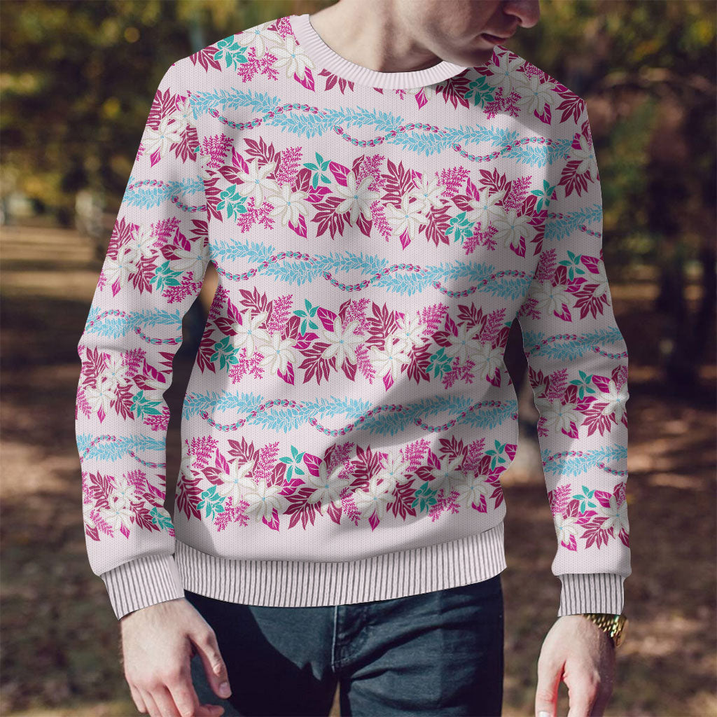 Monstera Tiare Plumeria Lei Pattern Ugly Christmas Sweater Pink Version
