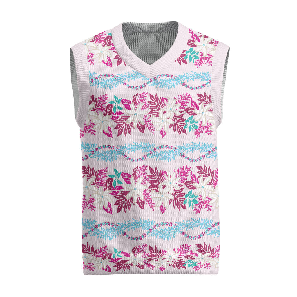 Monstera Tiare Plumeria Lei Pattern Christmas Knitted V-Neck Vest Pink Version