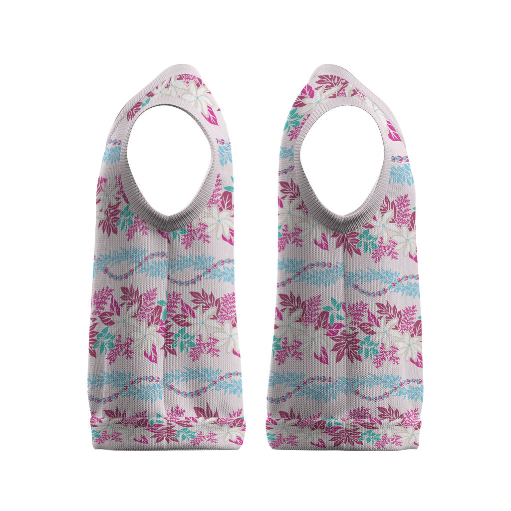 Monstera Tiare Plumeria Lei Pattern Christmas Knitted V-Neck Vest Pink Version