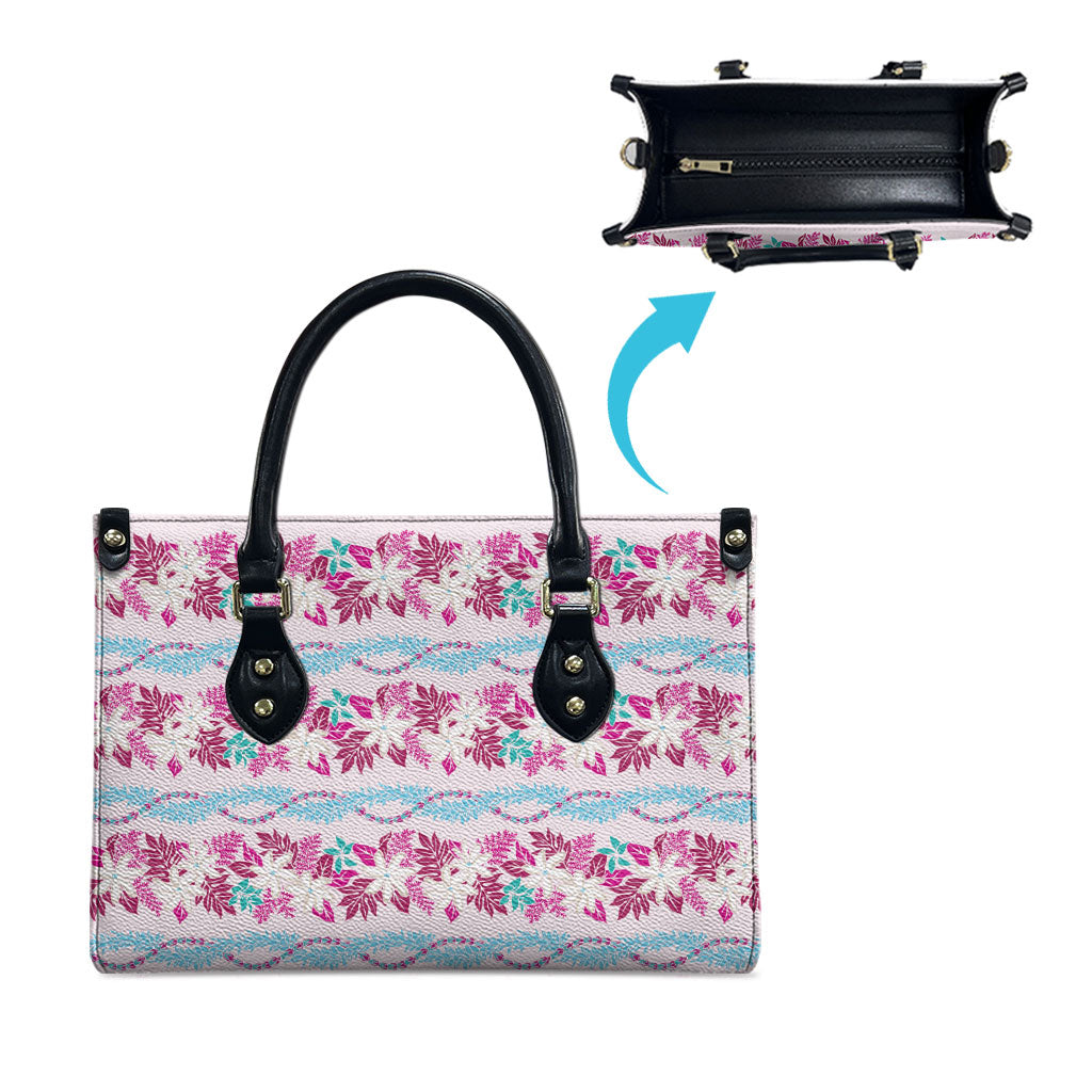 Monstera Tiare Plumeria Lei Pattern Leather Bag Pink Version