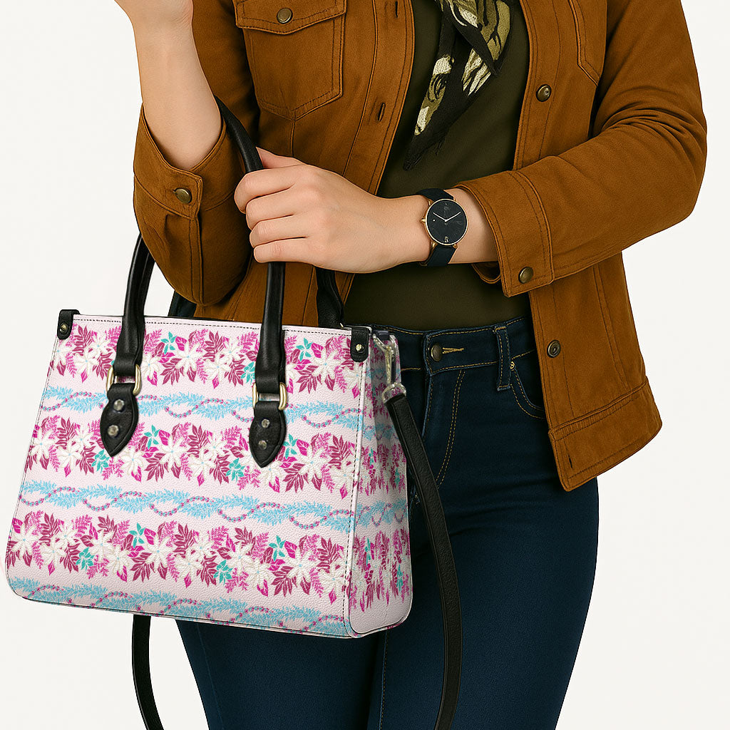 Monstera Tiare Plumeria Lei Pattern Leather Bag Pink Version