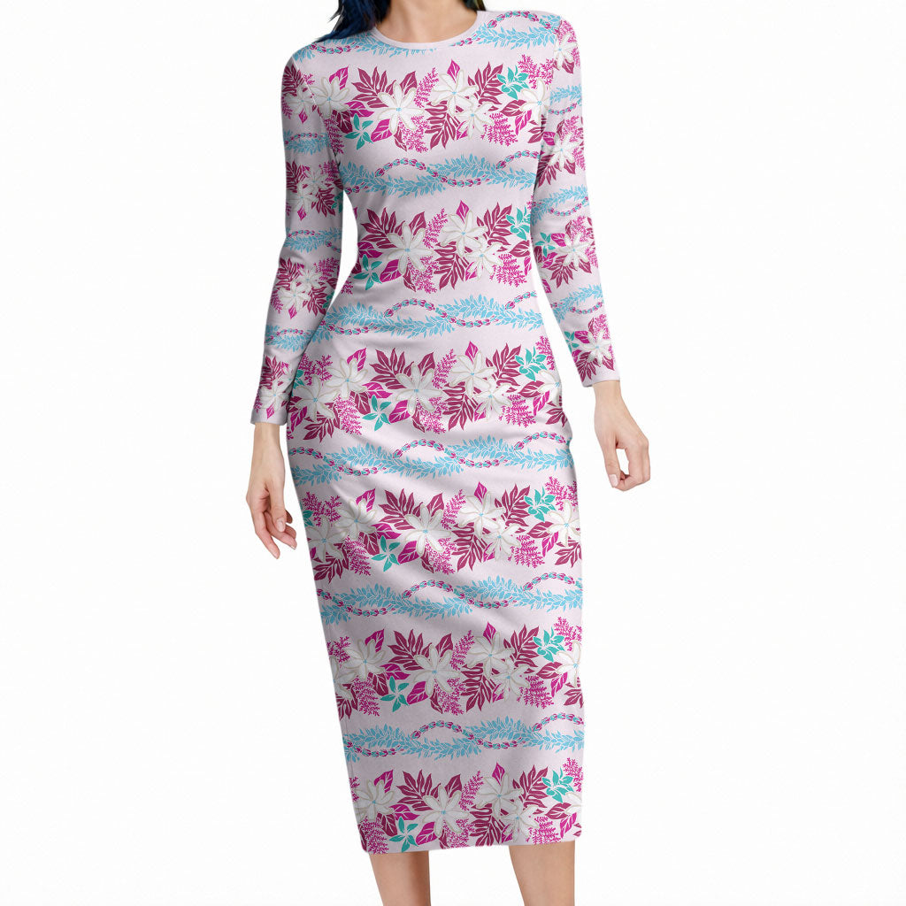 Monstera Tiare Plumeria Lei Pattern Long Sleeve Bodycon Dress Pink Version