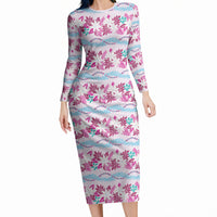 Monstera Tiare Plumeria Lei Pattern Long Sleeve Bodycon Dress Pink Version