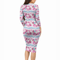 Monstera Tiare Plumeria Lei Pattern Long Sleeve Bodycon Dress Pink Version
