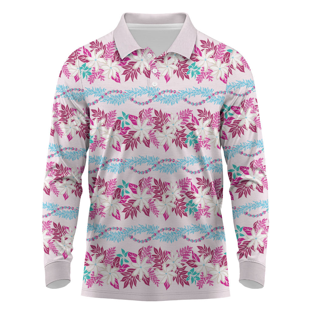 Monstera Tiare Plumeria Lei Pattern Long Sleeve Polo Shirt Pink Version