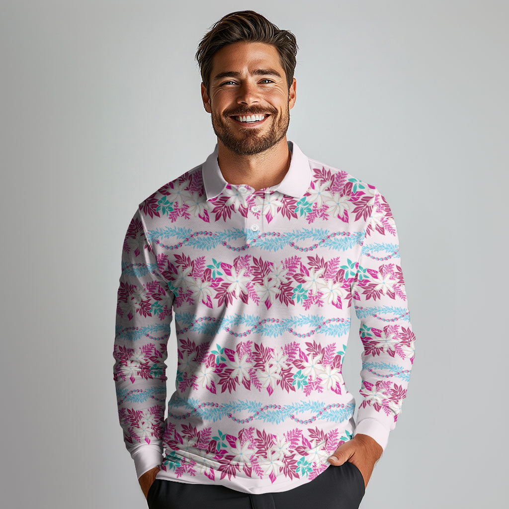 Monstera Tiare Plumeria Lei Pattern Long Sleeve Polo Shirt Pink Version