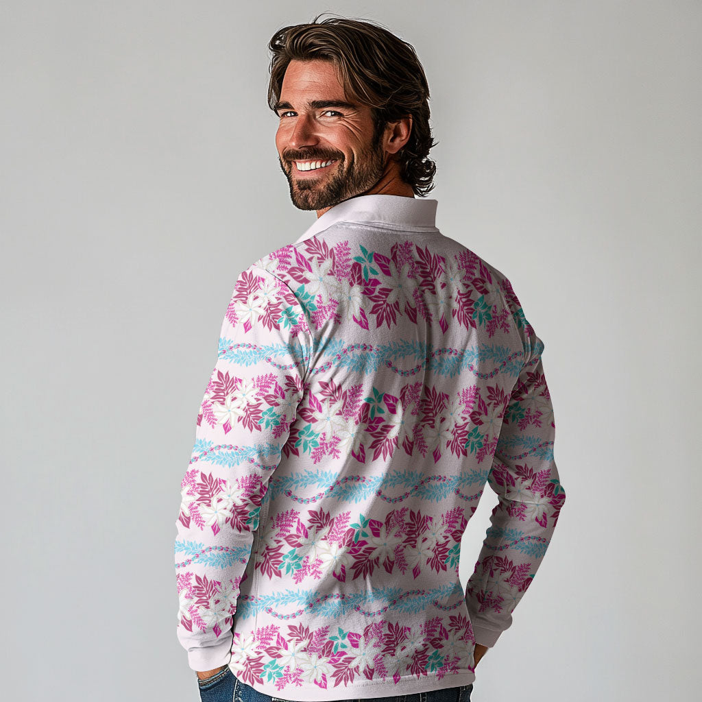 Monstera Tiare Plumeria Lei Pattern Long Sleeve Polo Shirt Pink Version