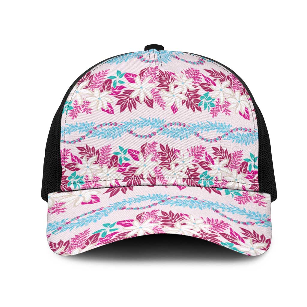 Monstera Tiare Plumeria Lei Pattern Mesh Trucker Cap Pink Version