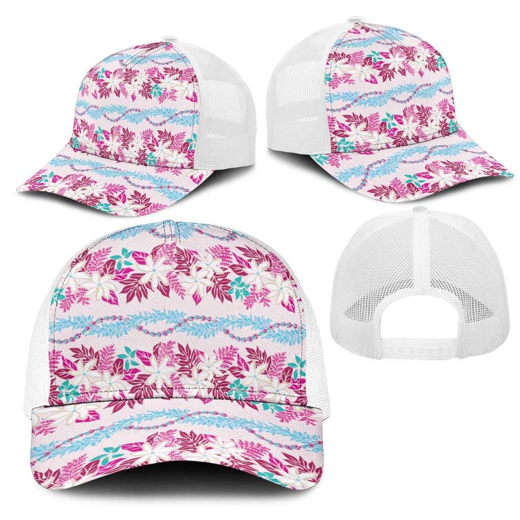Monstera Tiare Plumeria Lei Pattern Mesh Trucker Cap Pink Version