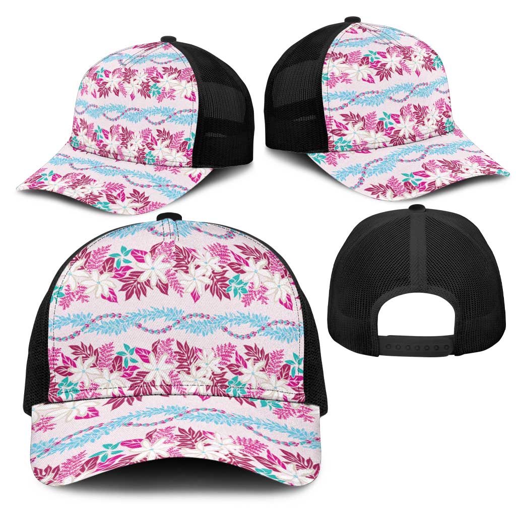 Monstera Tiare Plumeria Lei Pattern Mesh Trucker Cap Pink Version