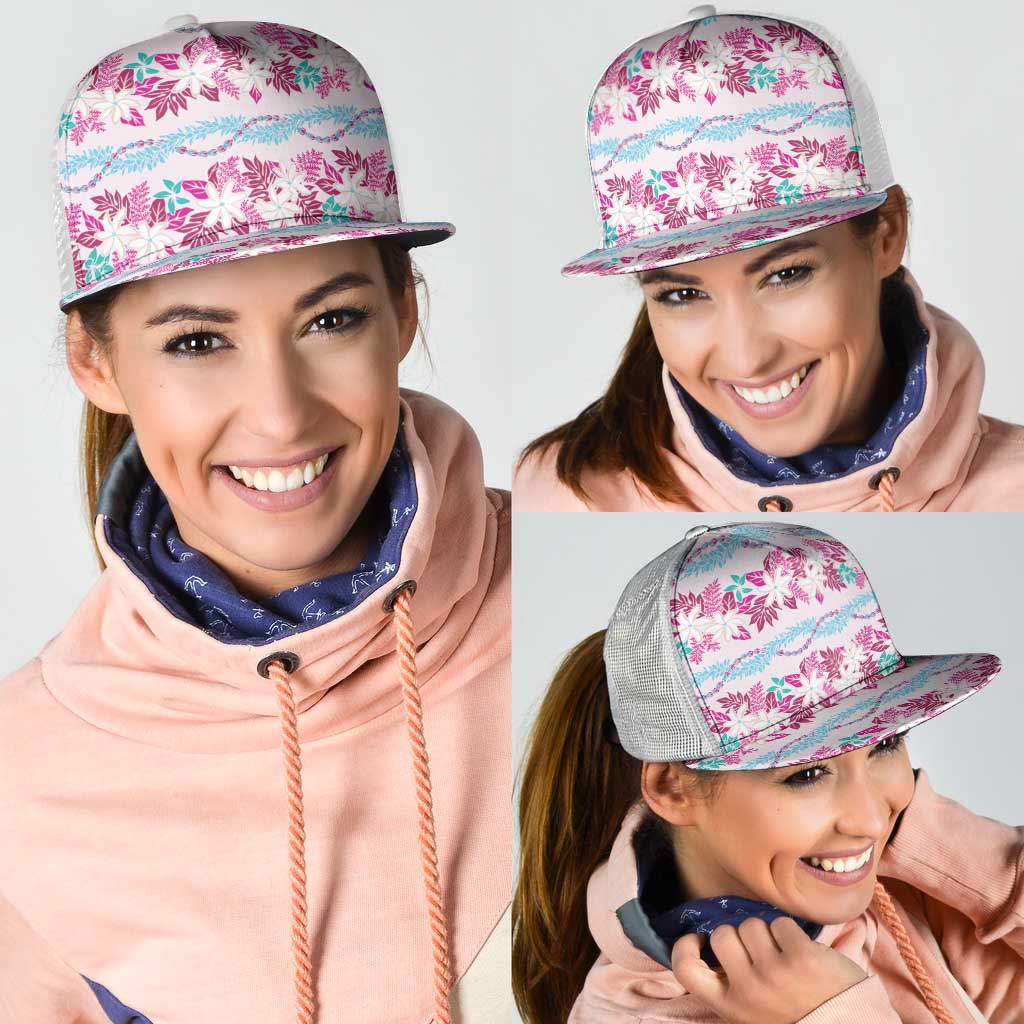 Monstera Tiare Plumeria Lei Pattern Mesh Trucker Cap Pink Version