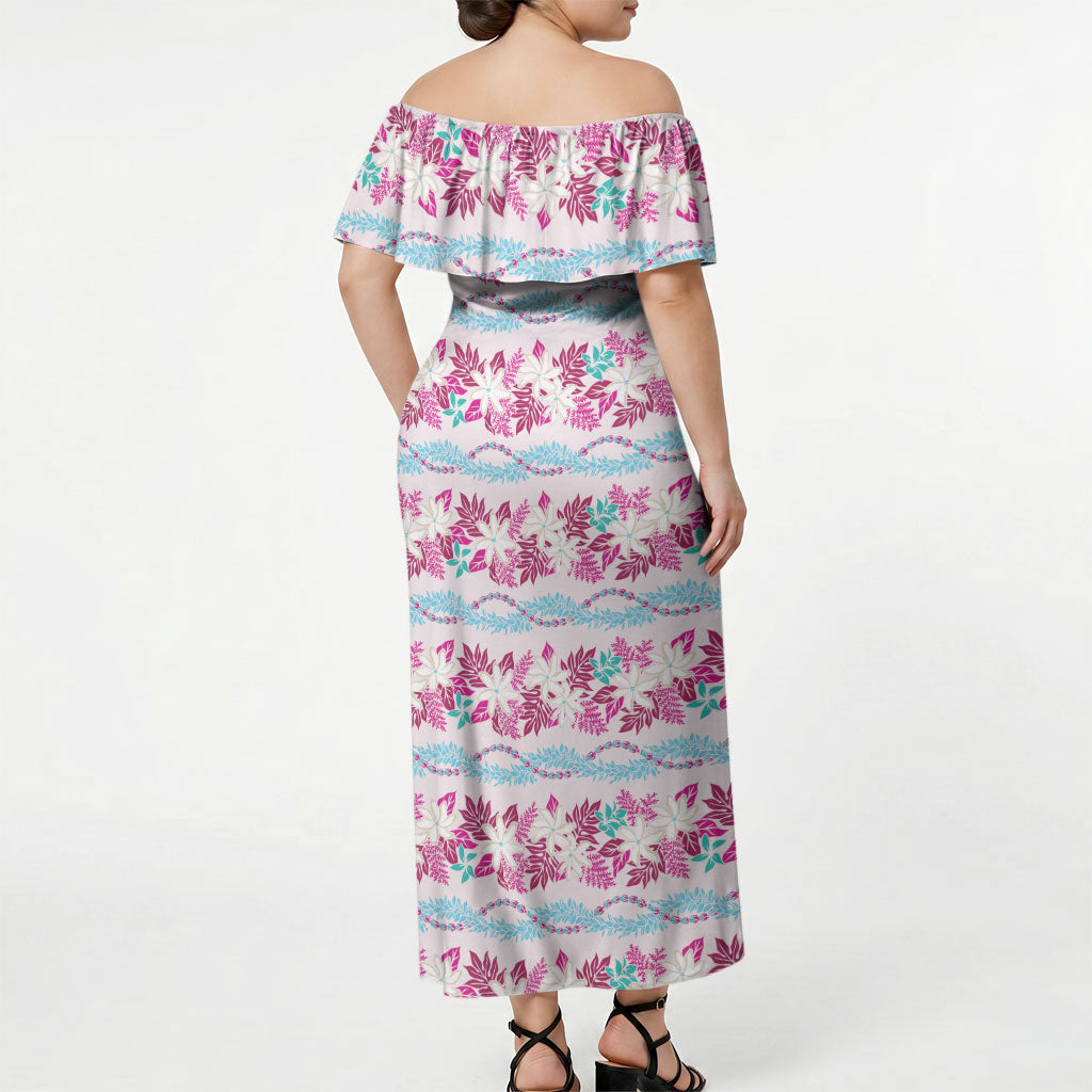 Monstera Tiare Plumeria Lei Pattern Off Shoulder Maxi Dress Pink Version