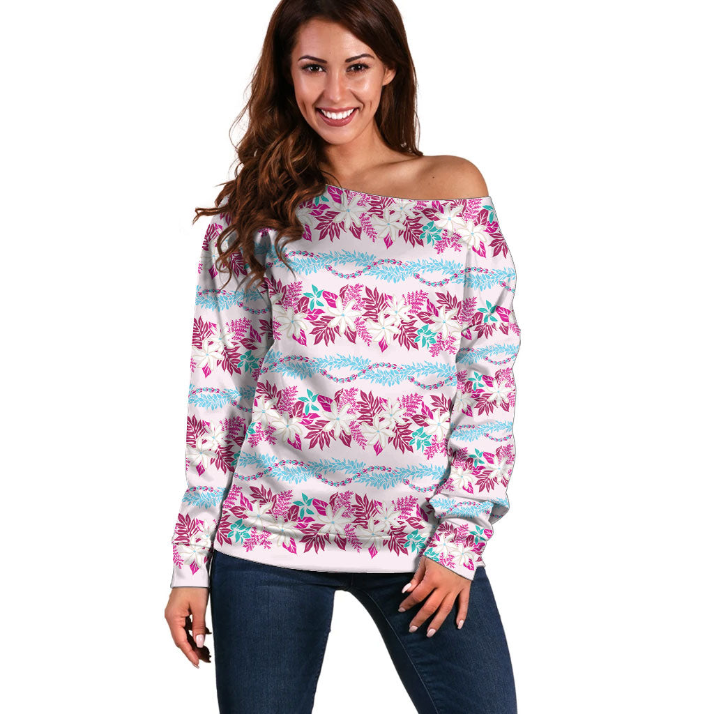 Monstera Tiare Plumeria Lei Pattern Off Shoulder Sweater Pink Version LT01 Women Pink - Polynesian Pride