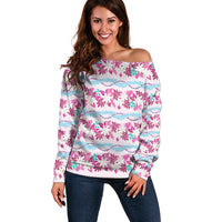 Monstera Tiare Plumeria Lei Pattern Off Shoulder Sweater Pink Version LT01 Women Pink - Polynesian Pride
